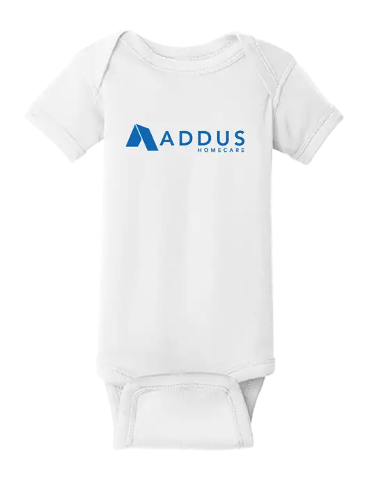 Rabbit Skins White Infant Short Sleeve Baby Rib Bodysuit w/Addus HomeCare Logo