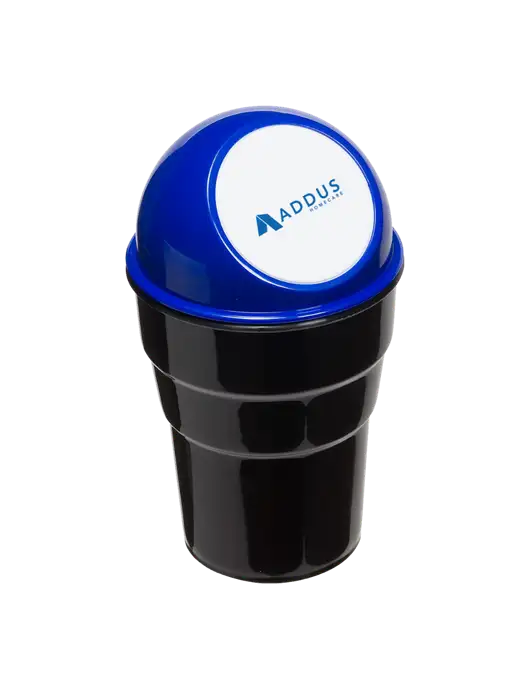 Blue Car Cup Holder Trash Can w/Addus HomeCare Logo