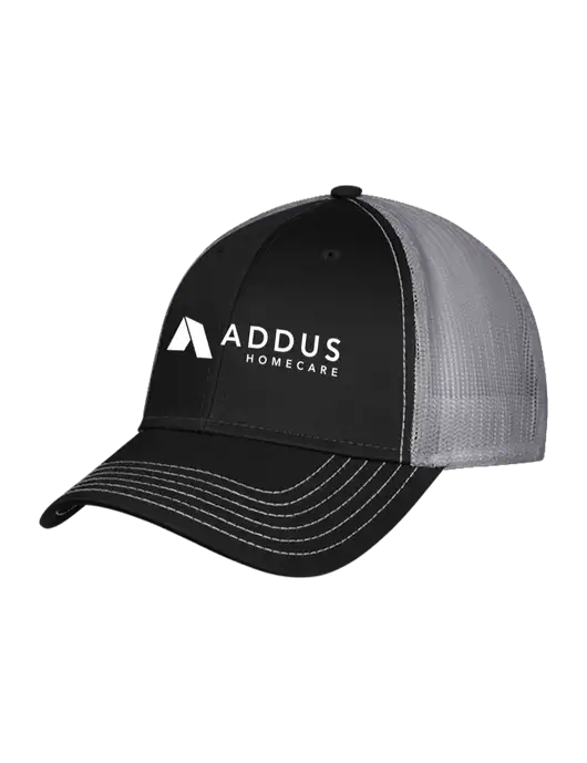 Black/Medium Dark Grey Mesh Trucker Cap Snap Back w/Addus HomeCare Logo