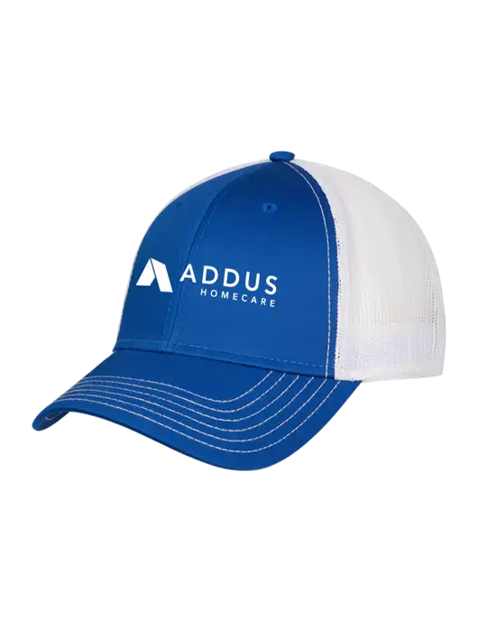 Royal/White Mesh Trucker Cap Snap Back w/Addus HomeCare Logo