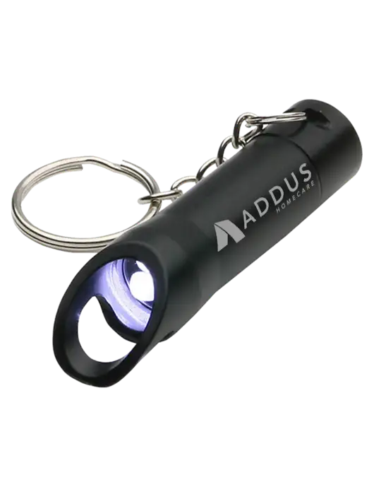 Black Pocket LED Flashlight with Bottle Opener & Keychain w/Addus HomeCare Logo