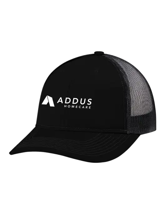 Snapback Ponytail Trucker Cap Black w/Black Mesh w/Addus HomeCare Logo