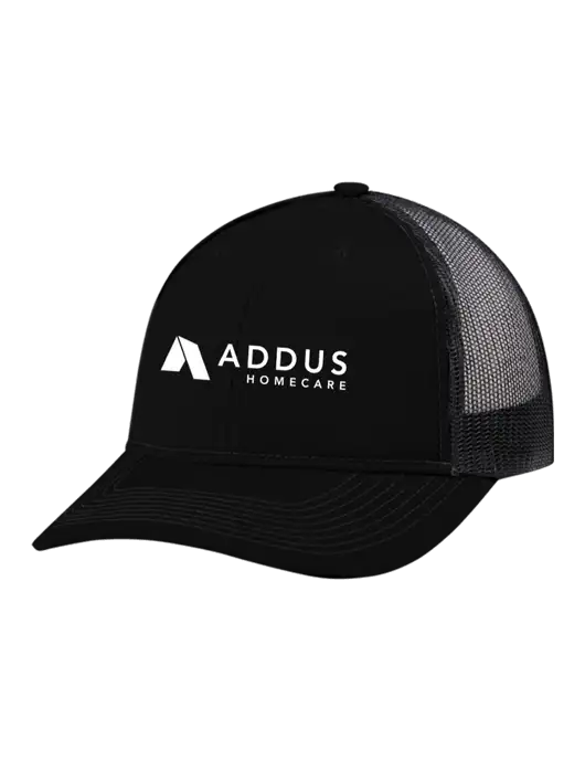 Snapback Ponytail Trucker Cap Black w/Black Mesh w/Addus HomeCare Logo