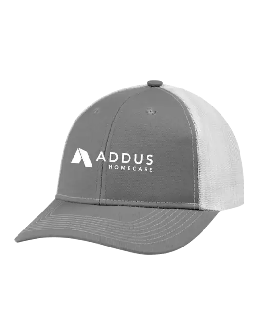 Snapback Ponytail Trucker Cap Light Medium Heather Grey w/White Mesh w/Addus HomeCare Logo
