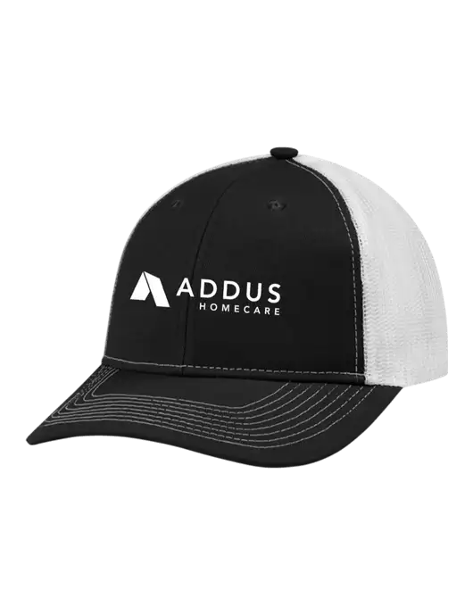 Snapback Ponytail Trucker Cap Black w/White Mesh w/Addus HomeCare Logo