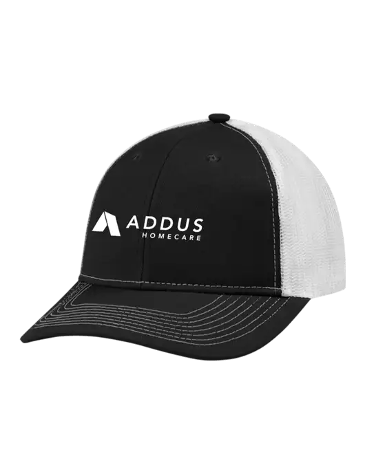 Snapback Ponytail Trucker Cap Black w/White Mesh w/Addus HomeCare Logo