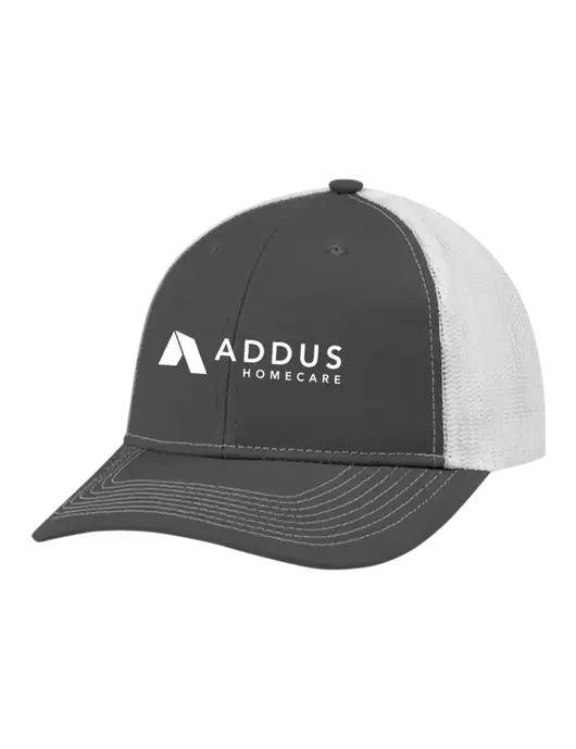 Snapback Ponytail Trucker Cap Dark Grey w/White Mesh w/Addus HomeCare Logo