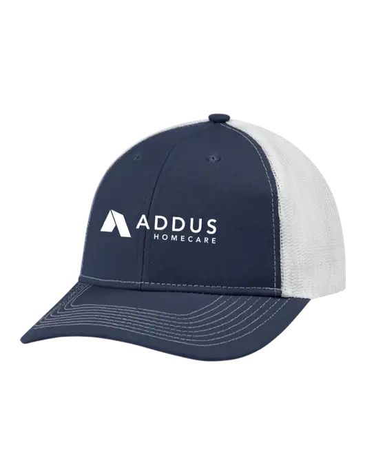 Snapback Ponytail Trucker Cap Navy w/White Mesh w/Addus HomeCare Logo