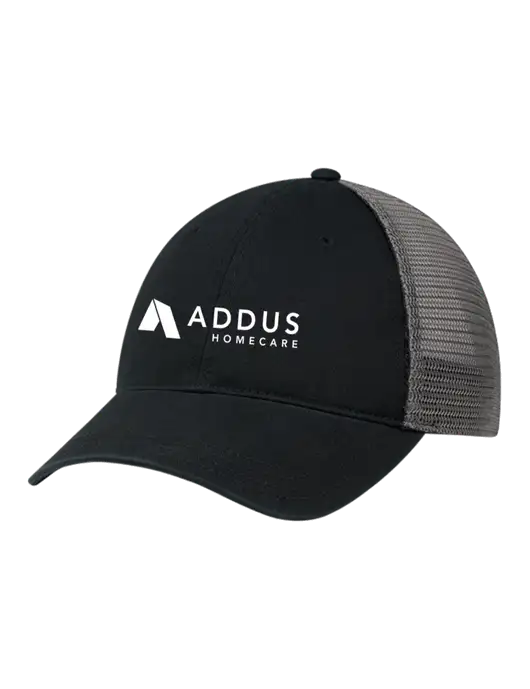 Richardson 111 Garment Washed Trucker Cap Black w/Charcoal Mesh w/Addus HomeCare Logo