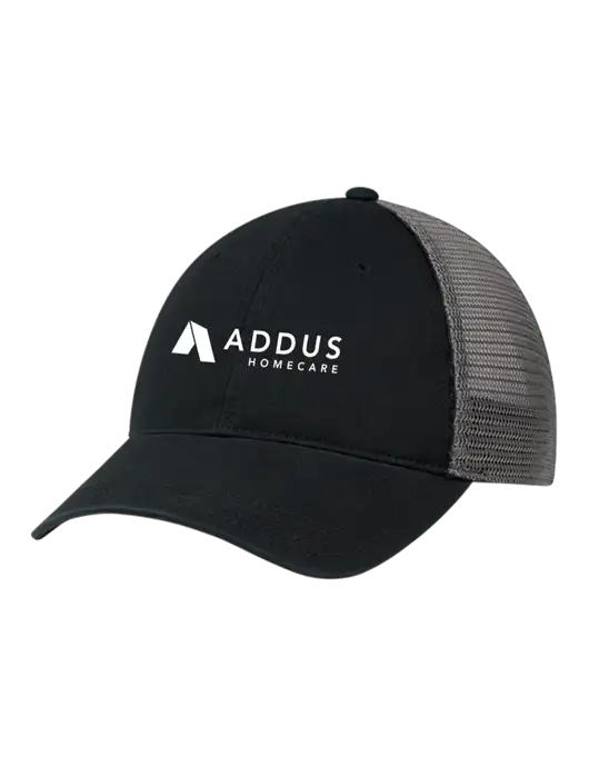Richardson 111 Garment Washed Trucker Cap Black w/Charcoal Mesh w/Addus HomeCare Logo