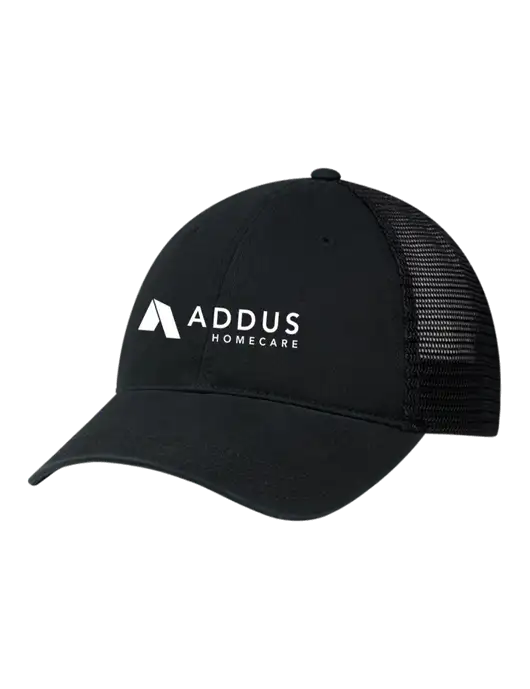 Richardson 111 Garment Washed Trucker Cap Black w/Black Mesh w/Addus HomeCare Logo