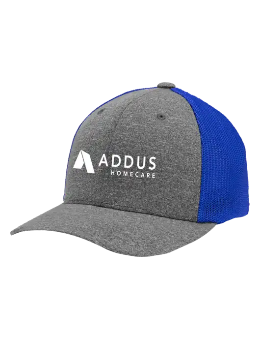 Flexfit Royal/Medium Grey Heather Melange Mesh Back Trucker Cap w/Addus HomeCare Logo