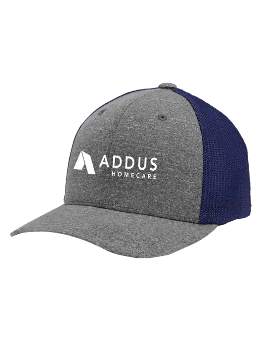 Flexfit Navy/Medium Grey Heather Melange Mesh Back Trucker Cap w/Addus HomeCare Logo