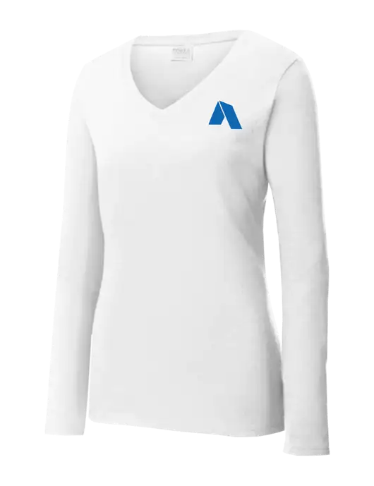 Womens  V-Neck Ring Spun White 4.5 oz Long Sleeve T-Shirt w/Shelter Icon Logo