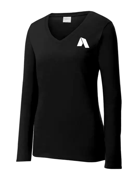 Womens V-Neck Ring Spun Jet Black 4.5 oz Long Sleeve T-Shirt w/Shelter Icon Logo