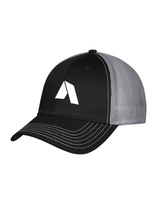 Black/Medium Dark Grey Mesh Trucker Cap Snap Back w/Shelter Icon Logo