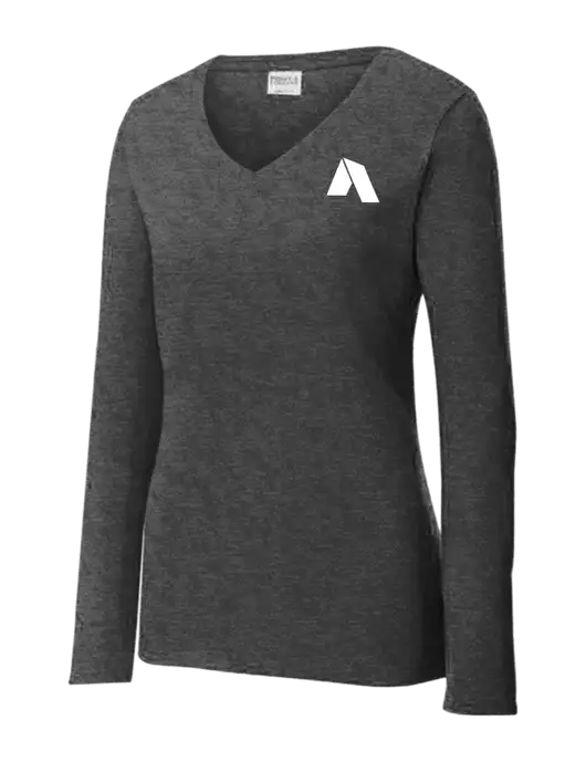 Womens  V-Neck Ring Spun Dark Heather Grey 4.5 oz Long Sleeve T-Shirt w/Shelter Icon Logo