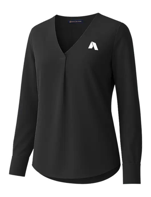 Brooks Brothers Womens Black Open-Neck Satin Blouse  w/Shelter Icon Logo