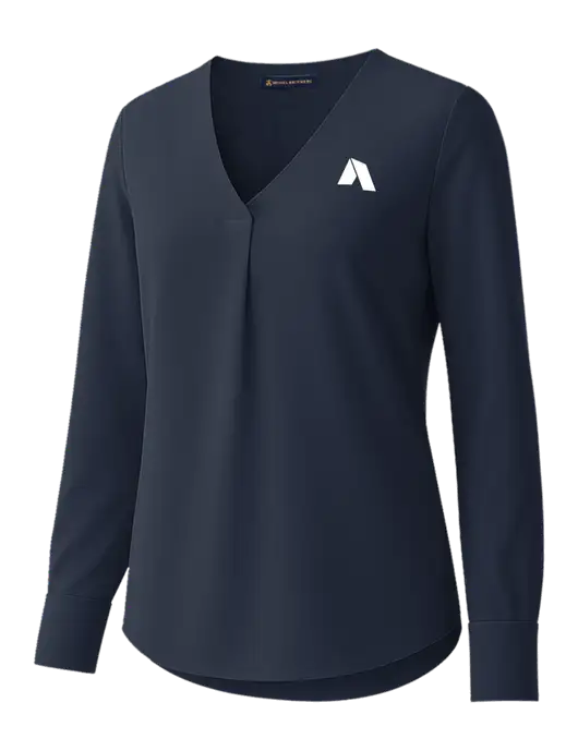Brooks Brothers Womens Dark Navy Open-Neck Satin Blouse  w/Shelter Icon Logo