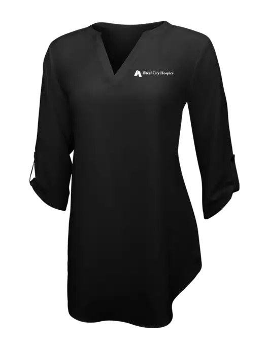Womens Black 3/4 Sleeve Tunic Blouse w/Steel City Hospice Logo
