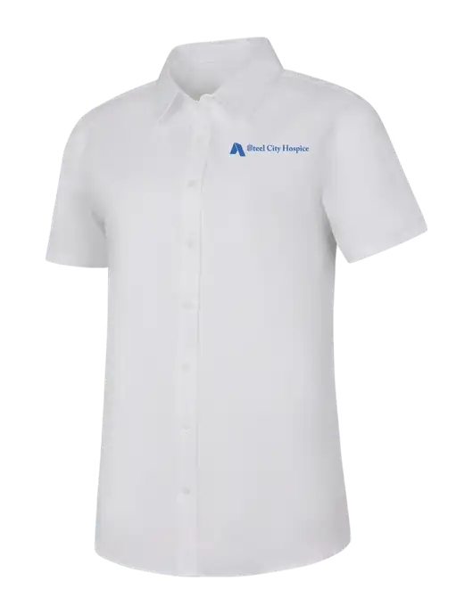 Womens White Short Sleeve Superpro React Twill Shirt w/Steel City Hospice Logo