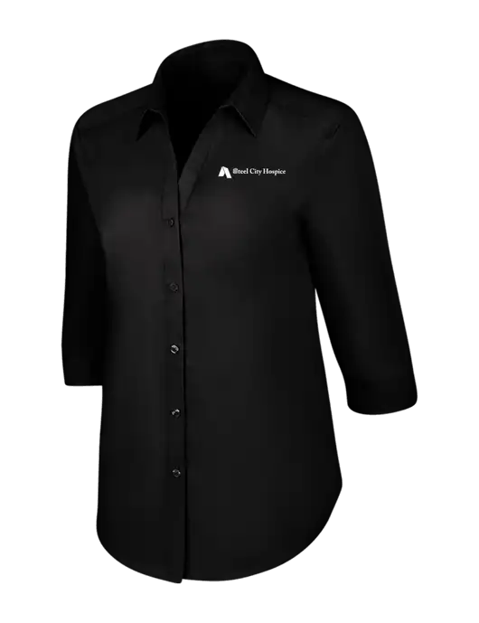 Womens Black 3/4 Sleeve Carefree Poplin Shirt w/Steel City Hospice Logo