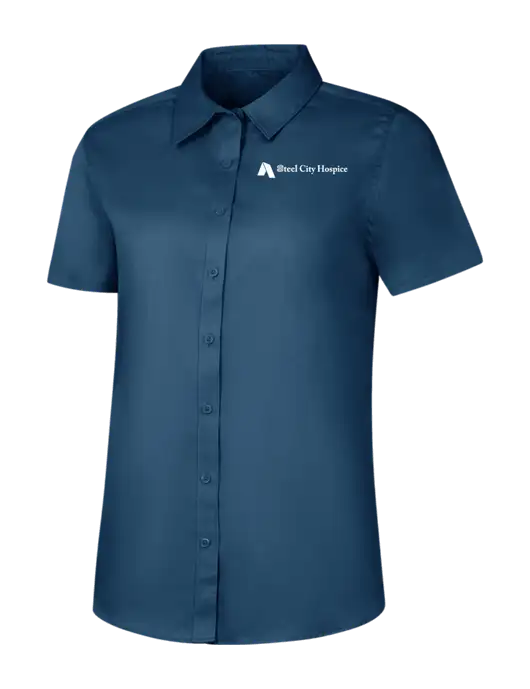 Womens Light Navy Short Sleeve Superpro React Twill Shirt w/Steel City Hospice Logo