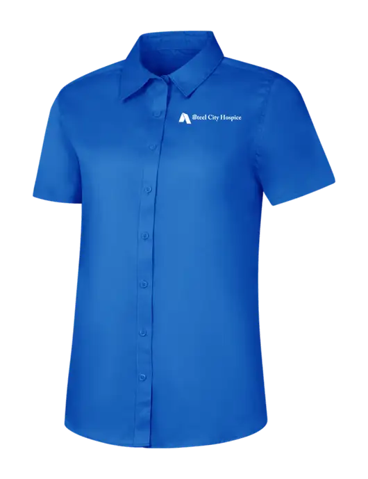 Womens Short Sleeve Royal Blue Superpro React Twill Shirt w/Steel City Hospice Logo