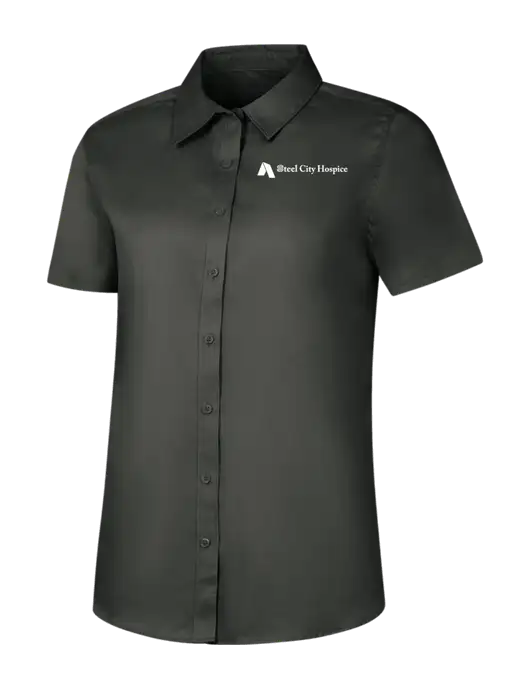 Womens Dark Grey Short Sleeve Superpro React Twill Shirt w/Steel City Hospice Logo