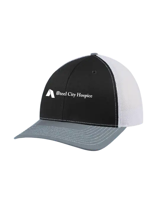 Richardson Adjustable Snapback Original 112 Trucker Cap Black/Light Heather Grey/White Mesh w/Steel City Hospice Logo