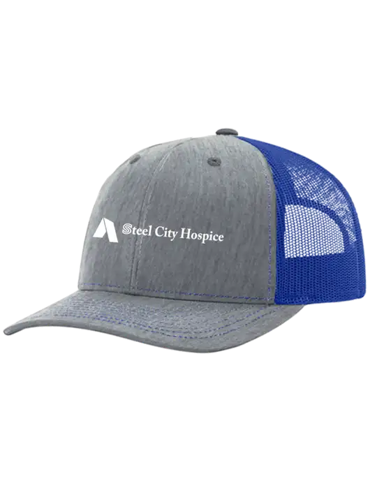 Richardson Adjustable Snapback Original 112 Trucker Cap Heather Light Grey w/Royal Mesh w/Steel City Hospice Logo