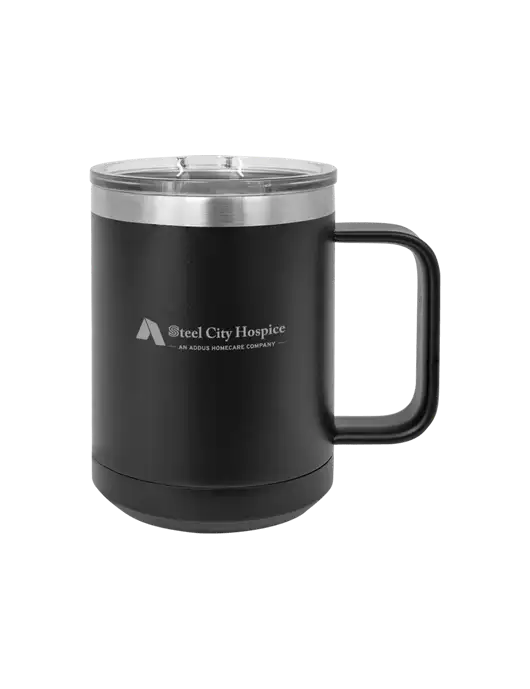 Polar Camel 15 oz Powder Coated Black Vacuum Insulated Mug with Slider Lid w/Steel City Hospice Logo