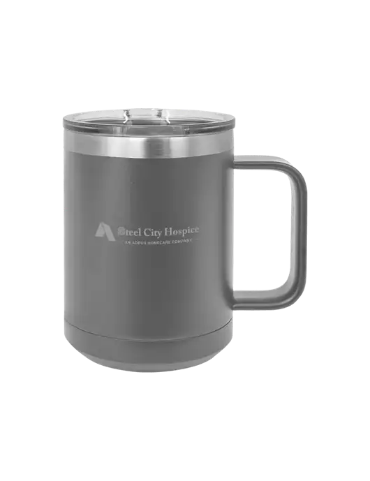 Polar Camel 15 oz Powder Coated Grey Vacuum Insulated Mug with Slider Lid w/Steel City Hospice Logo