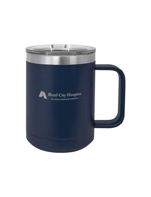 Polar Camel 15 oz Powder Coated Navy Vacuum Insulated Mug with Slider Lid w/Steel City Hospice Logo