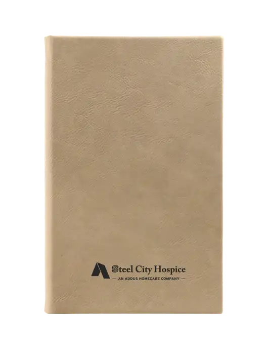 Tan Leatherette 5.25 x 8.25 Journal w/Steel City Hospice Logo