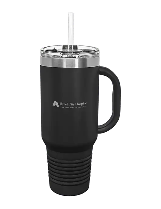 Polar Camel 40 oz. Powder Coated Vacuum Insulated Black Travel Mug with Straw w/Steel City Hospice Logo