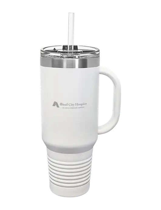 Polar Camel 40 oz. Powder Coated Vacuum Insulated White Travel Mug with Straw w/Steel City Hospice Logo
