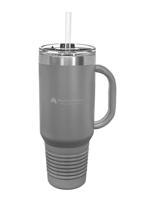 Polar Camel 40 oz. Powder Coated Vacuum Insulated Grey Travel Mug with Straw w/Steel City Hospice Logo