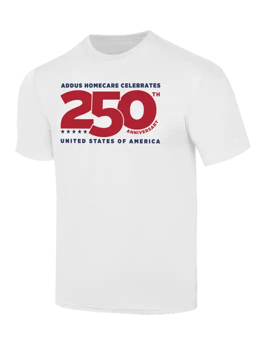 Simply Soft White 4.5oz  Poly/Combed Ring Spun Cotton T-Shirt w/Addus Celebrates 250 Block 
